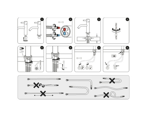 Montageanleitung für eine Armatur mit acht Schritten und Beispielen für falsch verlegte Schläuche