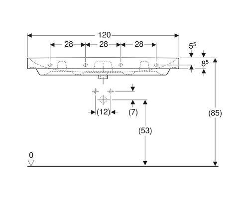 Masszeichnung eines Waschtisches mit Bemaßung