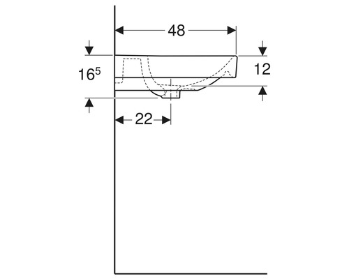Technische Zeichnung eines Waschtischs mit Maßangaben