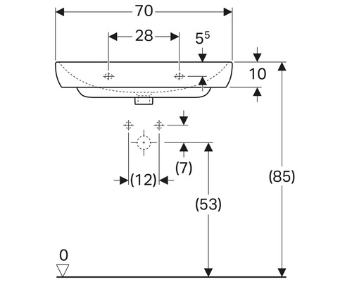 Maßzeichnung eines Waschbeckens mit Breiten-, Tiefen- und Höhenangaben