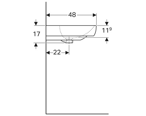 Technische Zeichnung eines Waschtisches mit Maßangaben