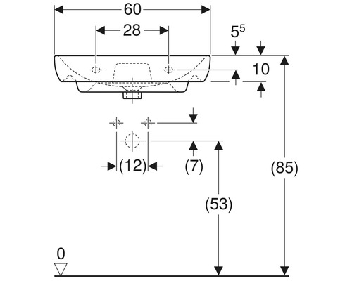 Technische Zeichnung eines Waschbeckens mit Maßangaben
