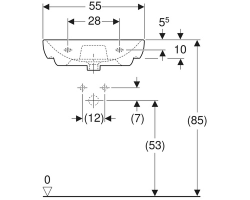 Technische Zeichnung eines Waschtischs mit Maßangaben