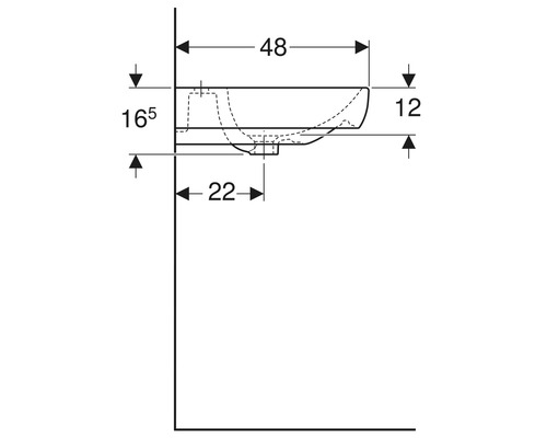 Technische Zeichnung eines Waschbeckens mit Maßangaben