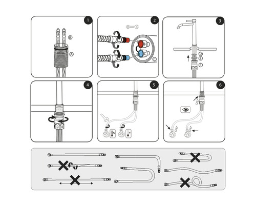 Montageanleitung für eine Armatur mit sechs Schritten und Hinweisen zu korrekten und inkorrekten Schlauchverbindungen.