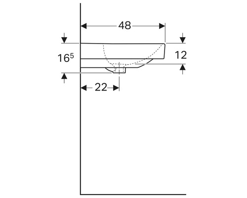 Technische Zeichnung eines Waschbeckens mit Maßangaben
