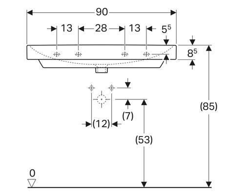 Technische Zeichnung eines Waschbeckens mit Maßangaben