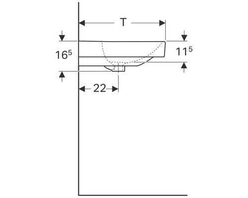 Technische Zeichnung eines Waschbeckens mit Maßangaben