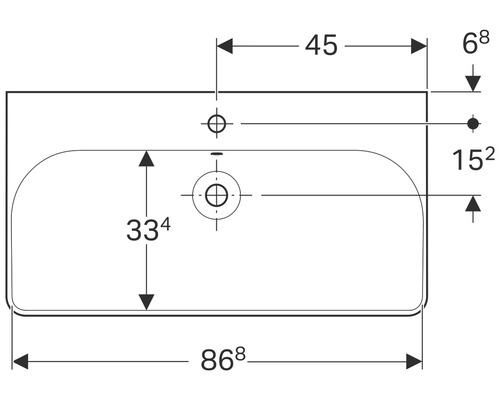 Technische Zeichnung eines Waschtisches mit Maßangaben