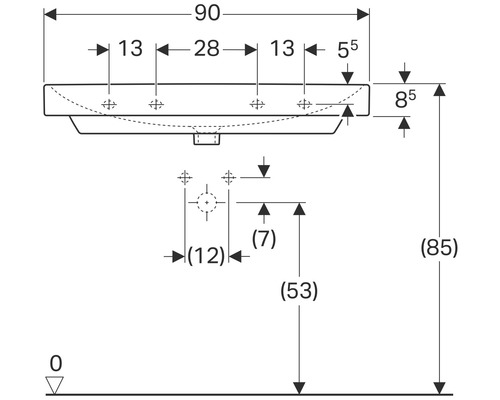 Technische Zeichnung eines Waschtisches mit Maßangaben