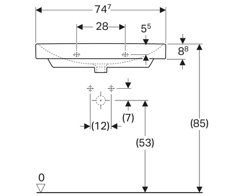 Schéma technique d''un lavabo avec dimensions