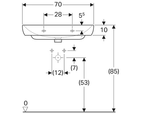 Zeichnung eines Waschtischs mit Maßangaben für die Installation