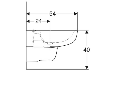 Technische Zeichnung eines wandhängenden WCs mit Maßangaben.