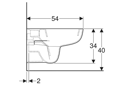 Technische Zeichnung eines Wand-WCs mit Maßangaben