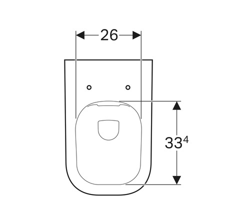 Schéma technique d''un WC suspendu avec indication des dimensions : 26 cm de largeur et 33,4 cm de hauteur.