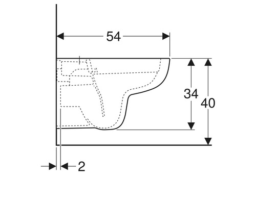 Schéma technique d''un WC suspendu avec indications de dimensions