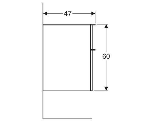 Dessin technique d''un meuble de salle de bains mesurant 47 centimètres sur 60 centimètres.