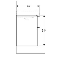 Technische Zeichnung eines Waschtischunterschranks mit Maßangaben: 47 cm Breite und 61,7 cm Höhe.