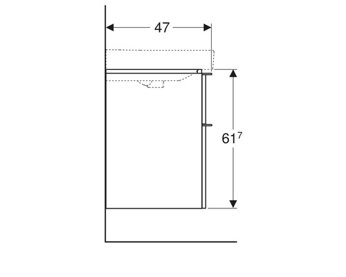 Technische Zeichnung eines Waschtischunterschranks mit Maßangaben: 47 cm Breite und 61,7 cm Höhe.