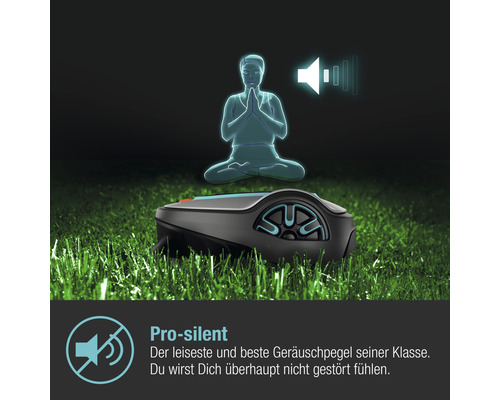 Gardena Mähroboter auf Rasen mit Pro-Silent Symbol