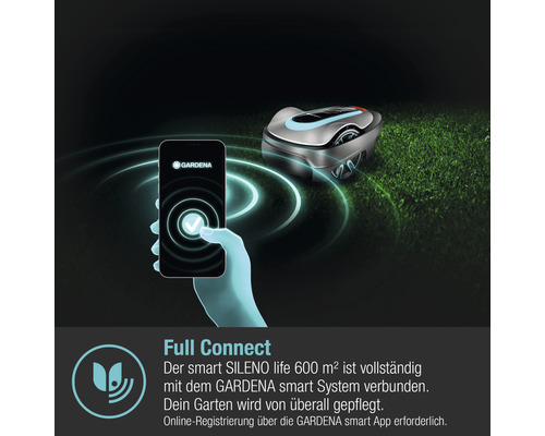 Gardena Sileno Life 600 Mähroboter verbunden mit einem Smartphone.