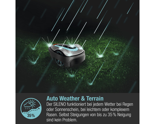 Mähroboter im Regen, geeignet für Steigungen bis zu 35 Prozent