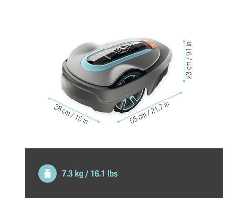 Gardena Mähroboter mit Abmessungsangaben