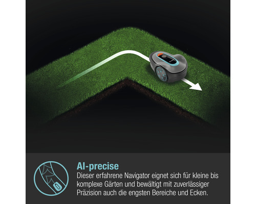 Rasenmähroboter auf Rasen mit Richtungsanzeige