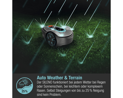 Rasenmähroboter auf Rasen bei Regen