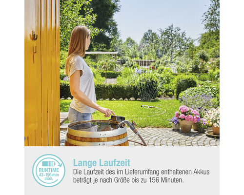 Frau bedient Gartenpumpe in Regentonne, Gartenbewässerung im Hintergrund.