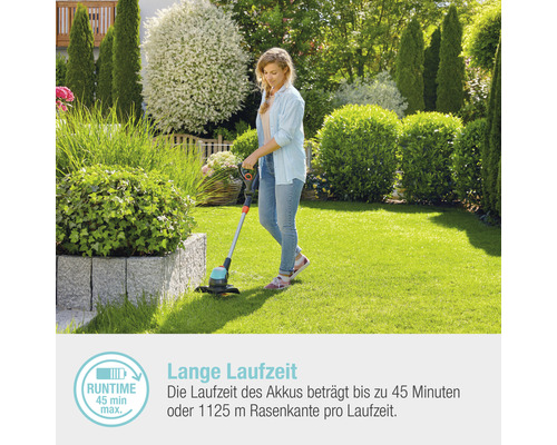 Frau benutzt Akku-Rasentrimmer im Garten.