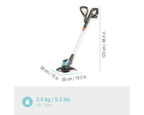 Coupe-bordures à batterie avec des dimensions de 38 cm x 26 cm x 123 cm et un poids de 2,4 kg batterie incluse.