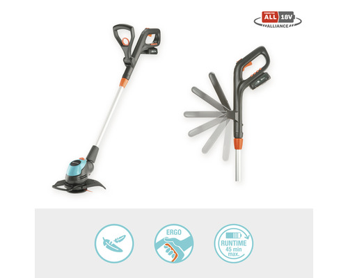 Coupe-bordures à batterie avec poignée réglable et fonction de coupe des bords