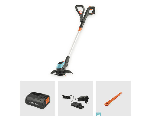 Coupe-bordures à batterie avec batterie, chargeur et lames de rechange