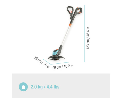 Coupe-bordure avec des dimensions de 38 centimètres sur 26 centimètres, une longueur de 123 centimètres et un poids de 2,0 kilogrammes.