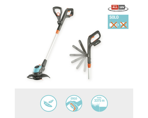 Coupe-bordures sans fil Gardena avec symbole SOLO, qui n''inclut pas de batterie, et symboles pour une manipulation facile