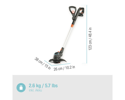 Akku Rasentrimmer mit Maßangaben