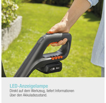Nahaufnahme eines Akku-Rasentrimmers mit LED-Anzeigeleuchte