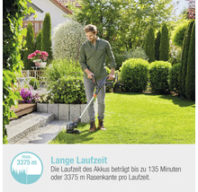 Ein Mann trimmt mit einem Rasentrimmer Rasenkanten in einem Garten.