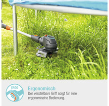 Rasentrimmer beim Rasenschneiden unter einem Trampolin