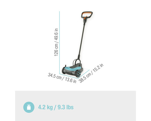 Tondeuse à gazon avec dimensions pour la longueur, la largeur et la hauteur