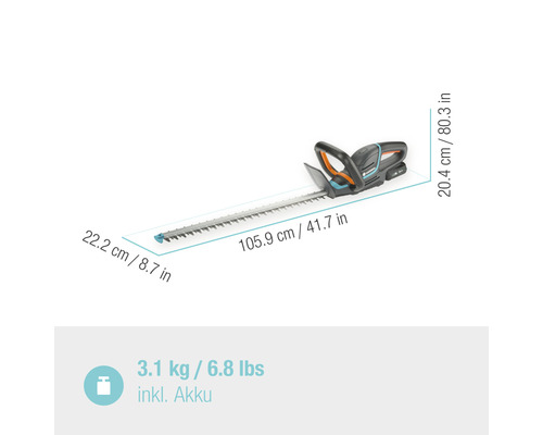 Gardena Akku Heckenschere mit Größenangaben