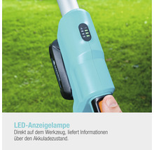 Gardena Akku-Rasentrimmer mit LED-Anzeige für den Akkuladestand.