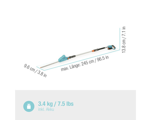 Gardena Akku-Teleskop Heckenschere mit Maßangaben