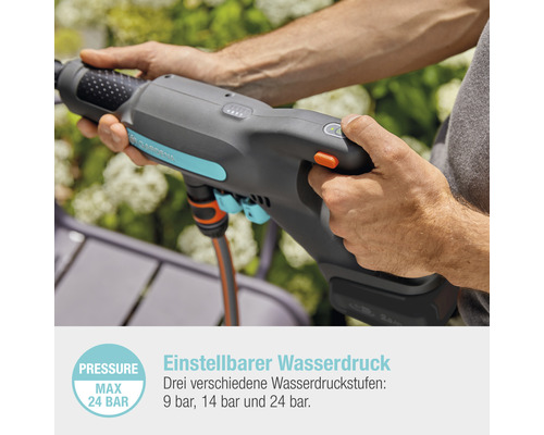 Gardena Akku-Druckreiniger mit einstellbarem Wasserdruck im Einsatz