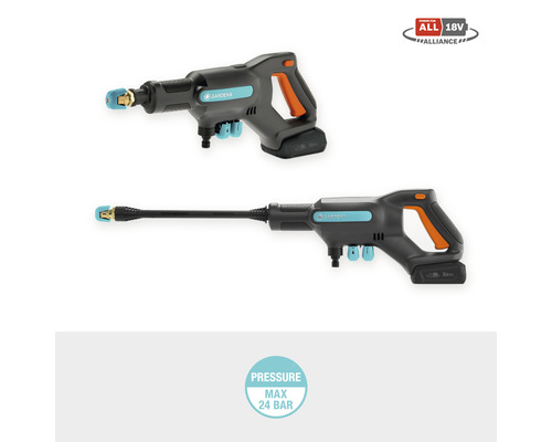 Deux nettoyeurs haute pression sans fil Gardena avec une pression maximale de 24 bars