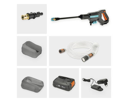 Nettoyeur à batterie Gardena avec accessoires tels qu''adaptateur, tuyau d''aspiration, batterie, chargeur et rangement