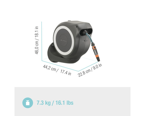 Boîtier de tuyau mural Gardena avec tuyau d''arrosage et lance d''arrosage, dimensions comprises