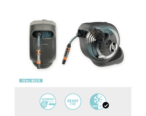 Dévidoir mural Gardena avec tuyau et raccord en deux vues