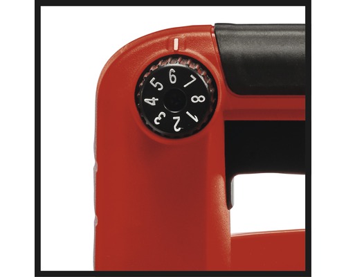 Detailansicht eines Tackergeräts mit einstellbarem Schlagkraftregler